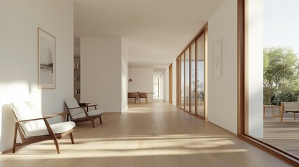 Fototapeta premium Bright modern hallway featuring minimalist design and natural light in a spacious home setting