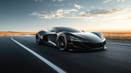 Fototapeta premium A sleek modern black sports car driving on a road