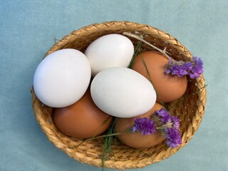 Easter eggs in a basket decorated with flowers and decor