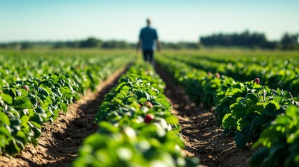 farmer among the green rows of strawberries, caring for plants. Great for articles about farm labor and sustainable agriculture.