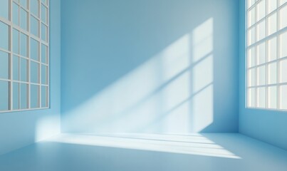 A room with a blue wall and white windows