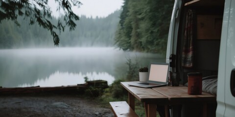 Working remotely from a camper van parked near a mountain lake with morning mist