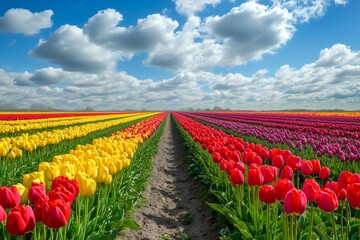 Fototapeta premium Colorful blooming tulip flowers stretching as far as the eye can see under a cloudy sky