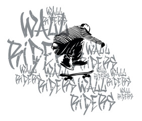 Vector illustration of skateboarder silhouette with stylized text in the background.