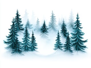 Obraz premium Serene winter forest with tall evergreen trees shrouded in misty atmosphere