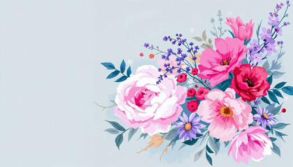 Fototapeta premium A digital painting of a floral arrangement with a pink background. The arrangement is composed of various flowers in shades of pink, red, purple, and blue