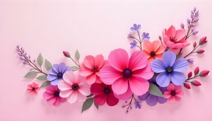 Fototapeta premium A digital painting of a floral arrangement with a pink background. The arrangement is composed of various flowers in shades of pink, red, purple, and blue