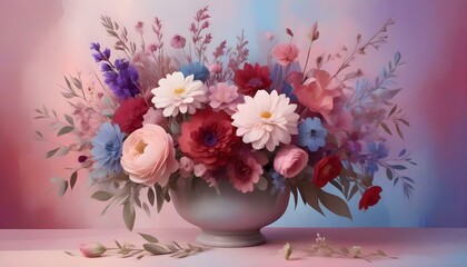 A digital painting of a floral arrangement with a pink background. The arrangement is composed of various flowers in shades of pink, red, purple, and blue
