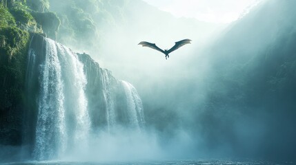 A flying dragon soaring over a beautiful cascading waterfall