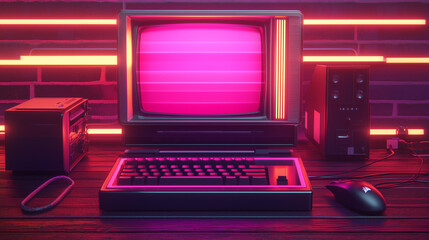 Obraz premium A vintage desktop PC with a floppy drive, keyboard, and mouse is illuminated by neon lighting in this 3D rendering.
