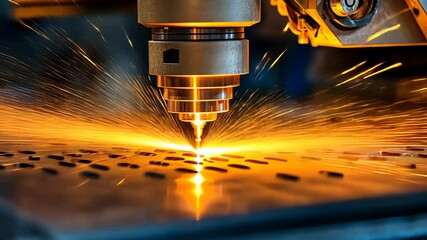 Laser cutting process in a workshop during the day displaying sparks and precision in metalwork