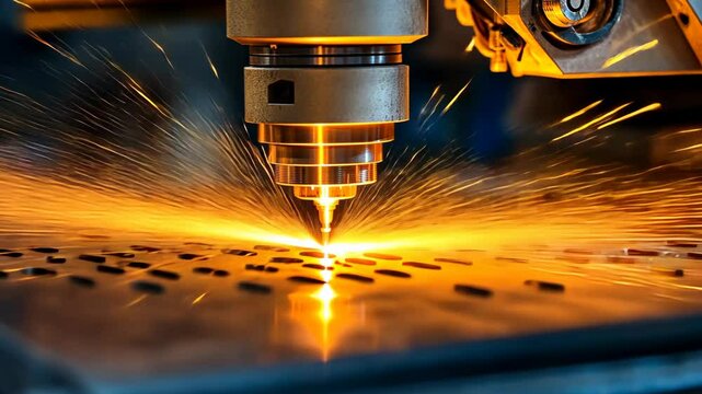 Laser cutting process in a workshop during the day displaying sparks and precision in metalwork