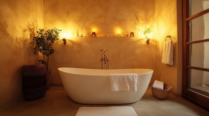 A warm and inviting bathroom scene with candles and a bathtub