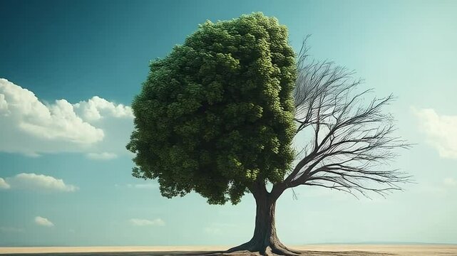 Half of the tree is alive and green and the other half is dry and dead. Concept of environment and climate change. World Earth Day