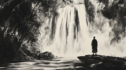 Obraz premium Ink wash of a monk standing under a waterfall