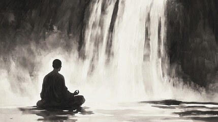 Obraz premium Serene Ink Wash of a Monk Meditating Beneath a Waterfall