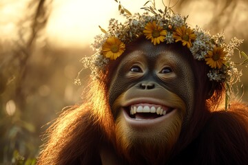 Golden hour in sunset. Cute adult animal orangutan wearing feral flower wreath on its head. Summer happiness. Animal enjoying summer serenity. Blooming meadow and wildlife.