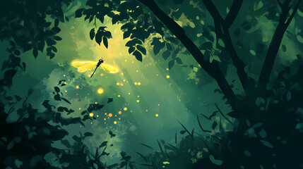 Light beam from a tiny firefly amidst tree foliage, bokeh, woodland. Firefly Glow. Illustration
