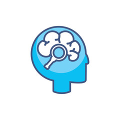 Vector illustration of a human head with brain and magnifying glass symbolizing analysis, research, or mental exploration