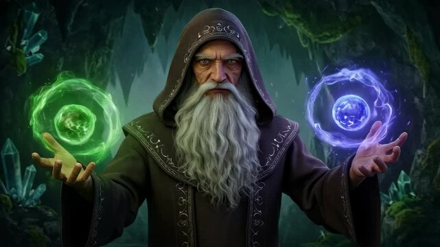 Magic wizard conjuring spells in both hands