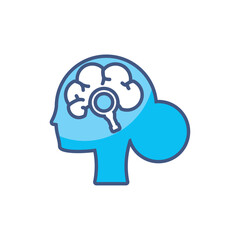 Vector illustration of a human head silhouette with a brain and magnifying glass inside, symbolizing cognitive research, mental analysis, and psychology study
