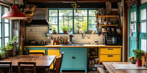 A warm and inviting colorful rustic style kitchen is shown