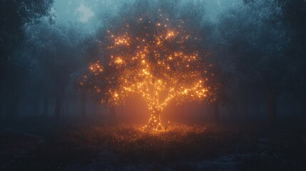 Fototapeta premium A Glowing Tree Shines Brightly Within a Misty Forest Setting