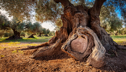 Fototapeta premium A centuries-old olive tree with a gnarled trunk stands majestically in a sunlit grove in the mediterranean region.