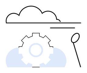 Cloud above gear symbolizing computing, data optimization, and magnifying glass for analysis. Ideal for technology, cloud storage, productivity, innovation, development research efficiency. Flat