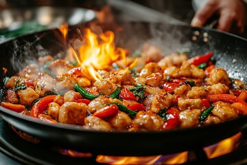 A master chef immerses in a slow-motion shot, cooking vibrant vegetables with fire by the wok in an Asian-inspired hotel