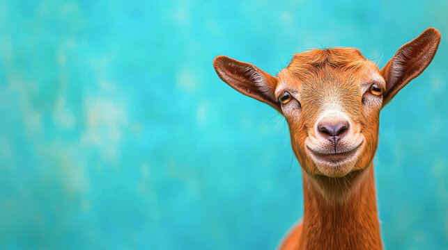 Cheerful goat with open smile against vibrant blue background. concept of happiness, farm life, animal joy. Copy space
