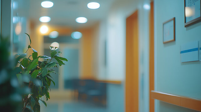 A softly lit hospital corridor with warm wooden accents, framed pictures, and green plants. A calm and sterile environment with a welcoming atmosphere