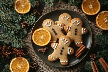 Fototapeta premium Top view of a flat lay showcasing Christmas spices for traditional beverages—cinnamon sticks, anise stars, and dry orange slices framed as Xmas decorations on burlap fabric, with room for text