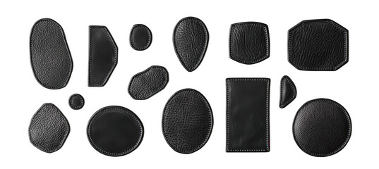 
Black leather patch set with different shapes isolated on a white background