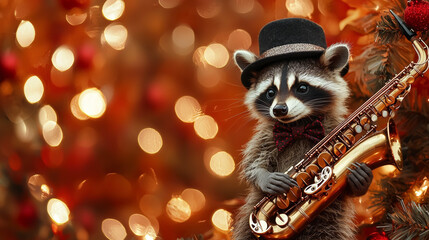 Charming raccoon in fedora and bow tie playing saxophone against festive lights. concept of anthropomorphic animals, holiday music, festive creativity, Funny animal, humor. Copy space