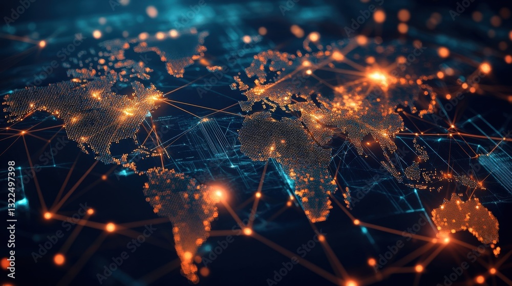Poster orange lines are connecting major cities across the world, creating a global network representing da