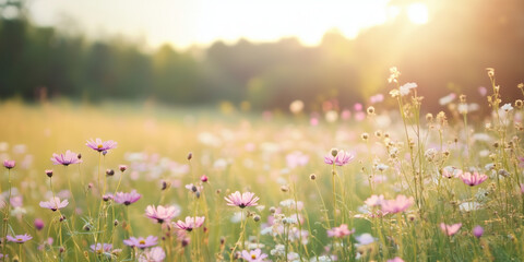 Idyllic Meadow of Wildflowers Under Warm Golden Sunlight

