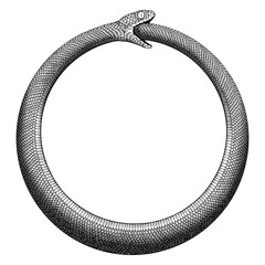 Ouroboros Illustration, a circular symbol that depicts a snake devouring its own tail and that is used especially to represent the eternal cycle of destruction and rebirth.