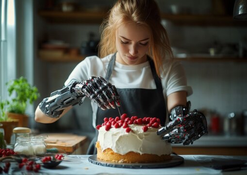 Woman with bionic arms decorating a cake in her kitchen