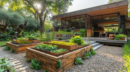 Minimalistic garden with raised vegetable beds and rainwater harvesting system