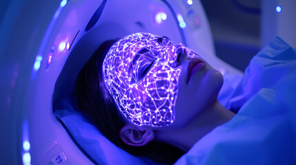 Futuristic MRI Brain Scan of Woman with Neural Network Overlay in Advanced Medical Imaging Machine. CT Scanning. Artificial Intelligence in Healthcare, Neuroscience, Digital Diagnostics, High-Tech