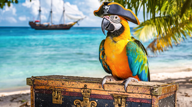 Vibrant pirate parrot on treasure chest by ocean. concept of adventure, tropical wildlife, nautical exploration, caribbean fantasy, Funny animal, humor