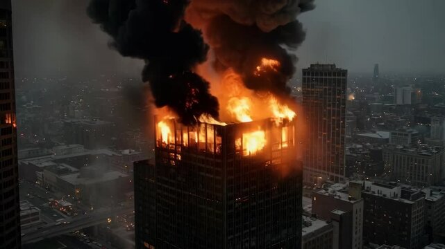 Skyscraper on Fire with Columns of Smoke and Intense Flames in Urban Landscape