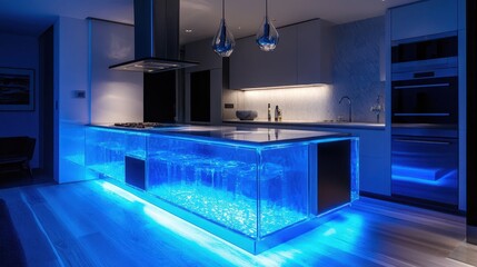 A modern kitchen interior features blue lighting and glass cabinetry