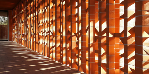 Geometric Shadow Play on a Vibrant Orange Brick Wall

