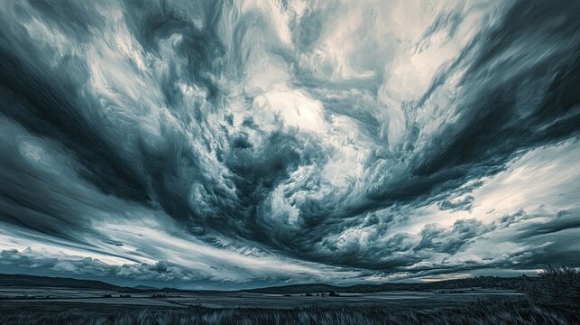 Ink painting of a storm rolling over distant hills