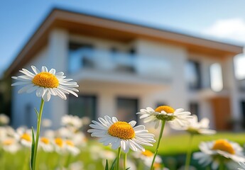 Beautiful white daisies blooming in front of a modern house during sunny day with bright sky and blurred background giving a serene feeling to the scene