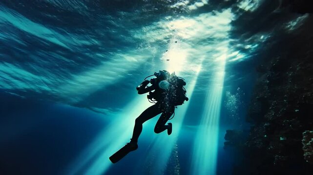 Underwater Adventure: Scuba Diver Exploring Oceanic Depths with Sunlight Beams