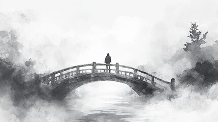 Fototapeta premium Ink Wash of a Lone Traveler Crossing an Old Bridge