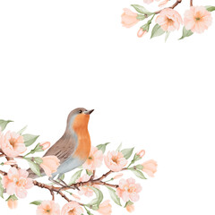 Spring square Frame with Bird and Blossoming Branch with Peach or Cherry Flowers. Hand drawn watercolor illustration on a white background. Ideal for nature, greeting cards and bird Day designs.
